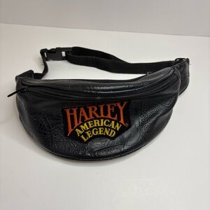 Harley-Davidson Black Leather Fanny Pack Waist Bag Motorcycle Biker VTG Logo